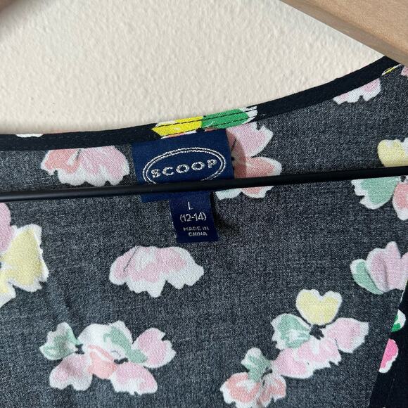 Scoop Women's Black Pink Floral Wrap Dress Size Large Mini Short Sleeve Spring - Picture 2 of 8